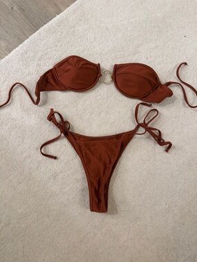 Rust Tie-Side Bikini Set with Gold Ring Accent